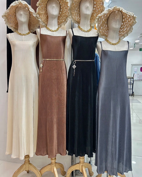 Ladies Pleated Spaghetti Straps Long Maxi Dresses